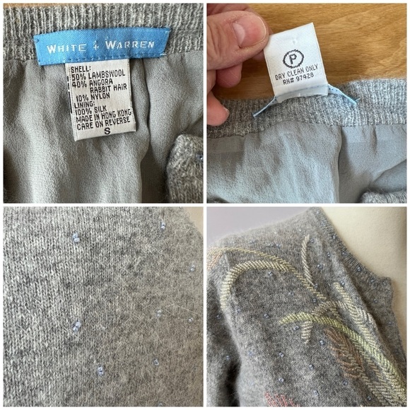 SOLD WHITE + WARREN CARDIGAN S BEADED FLORAL LAMBSWOOL ANGORA RABBIT HAIR - Picture 13 of 13